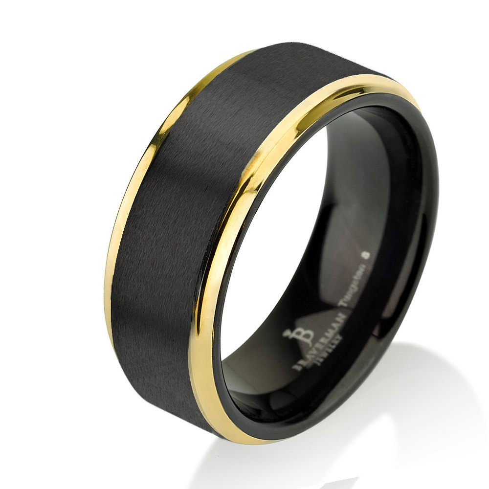Brushed Black Tungsten Ring Yellow Gold Wedding Band